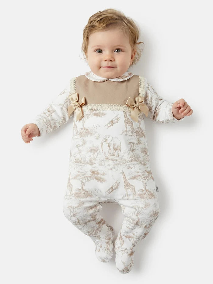 Baby Girls Safari Bow Babygrow- Beige