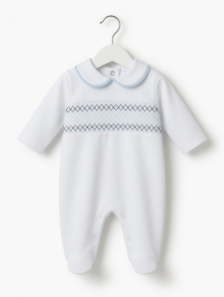 Smocked White & Blue Babygrow