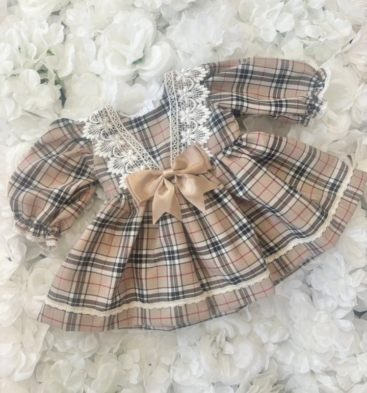 Beige Tartan V Dress