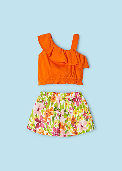 Mayoral Orange Floral Asymmetric Top & Short Set