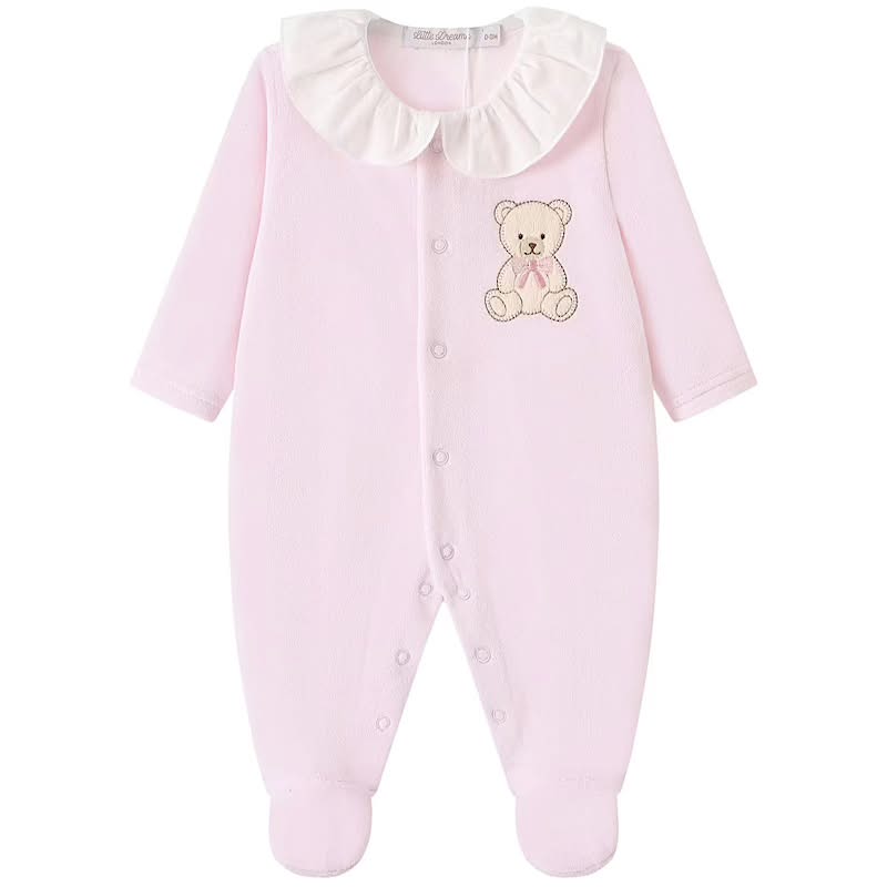 Pink Velour Teddy Embroidered Ruffle Babygrow