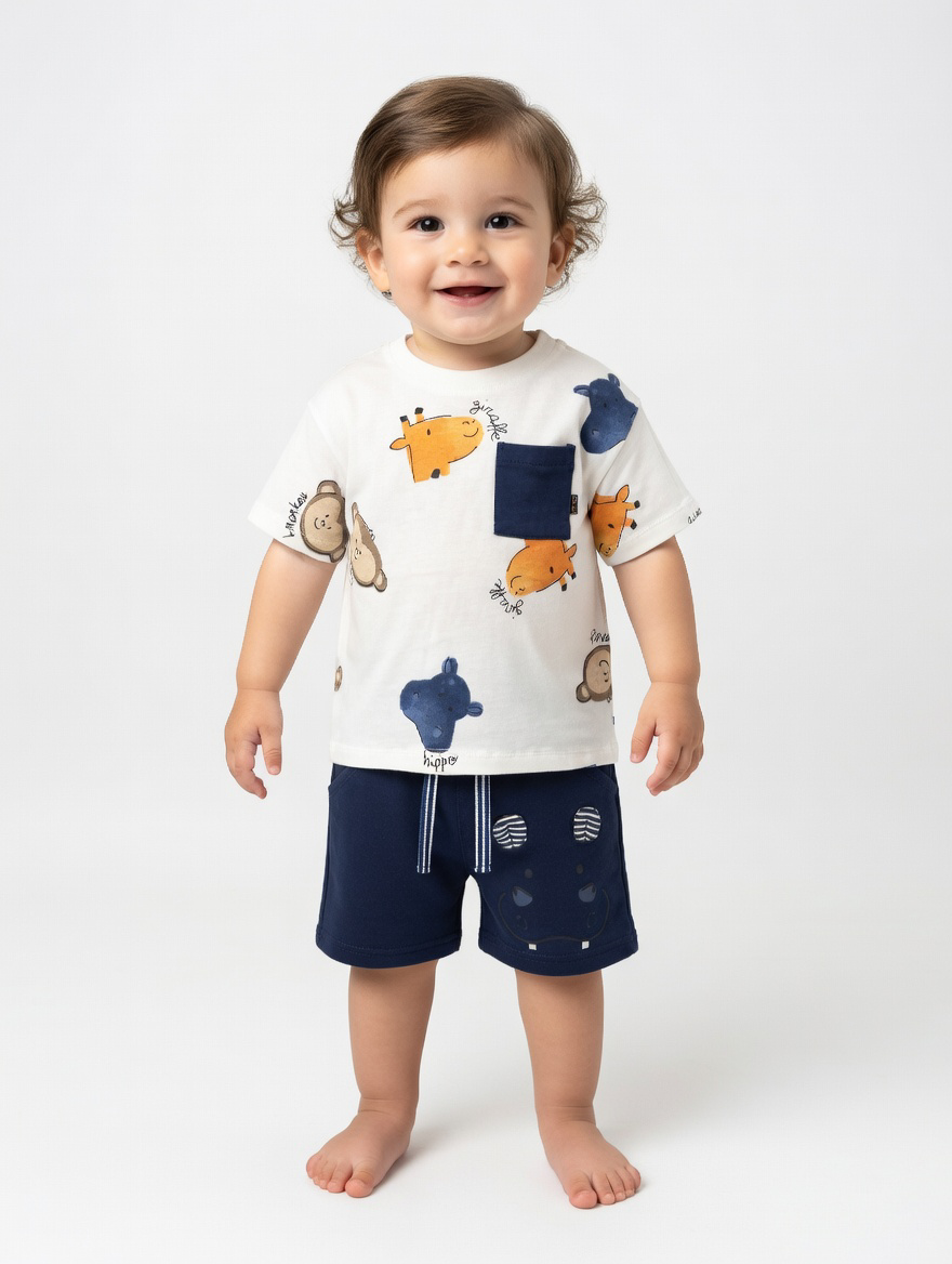 Mayoral Animal Print Top & Navy Shorts