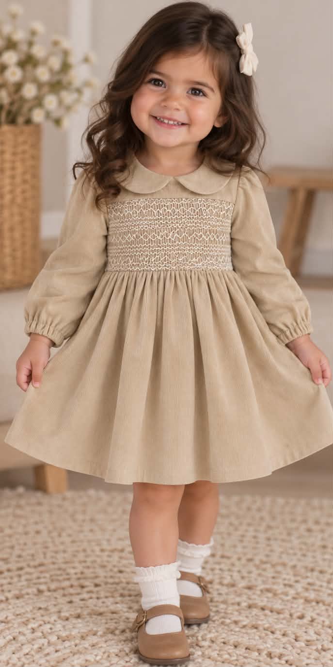 Girls Long Sleeve Beige Smock Dress