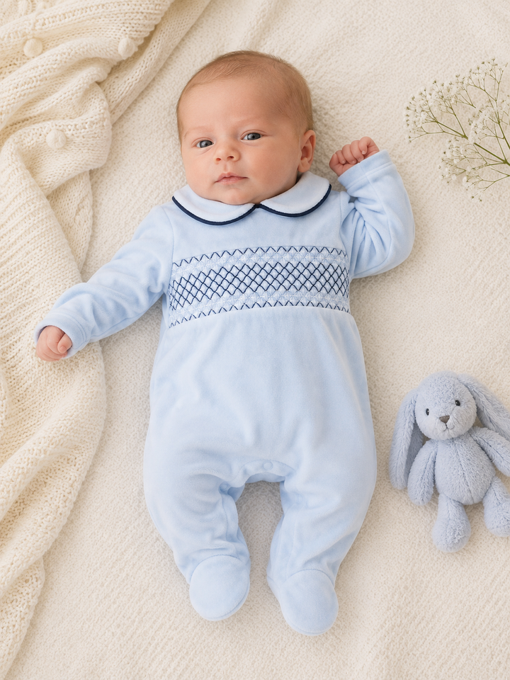 Blue & Navy Velour Smocked Babygrow