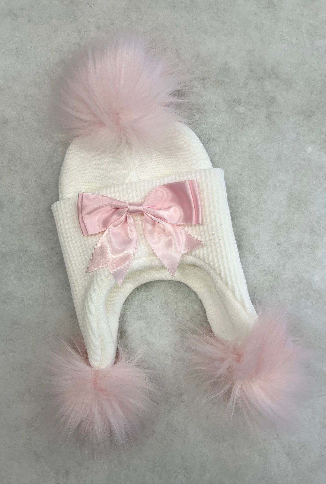White & Pink Bow 3 Pom Hat