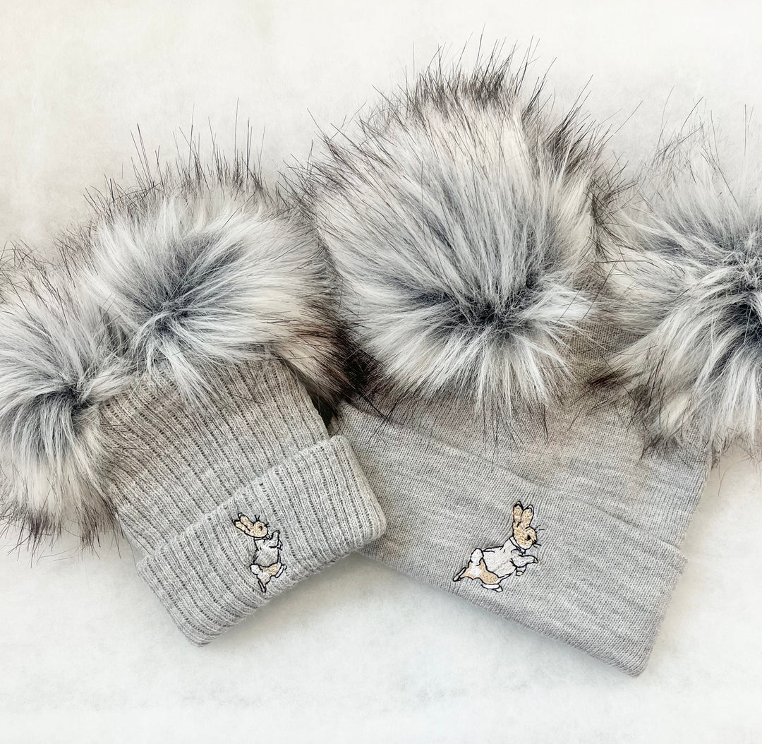 Grey Rabbit Double Pom Hat