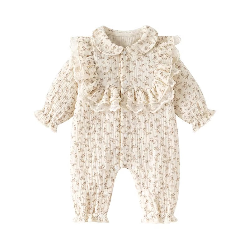 Cream Frill Floral Long Romper