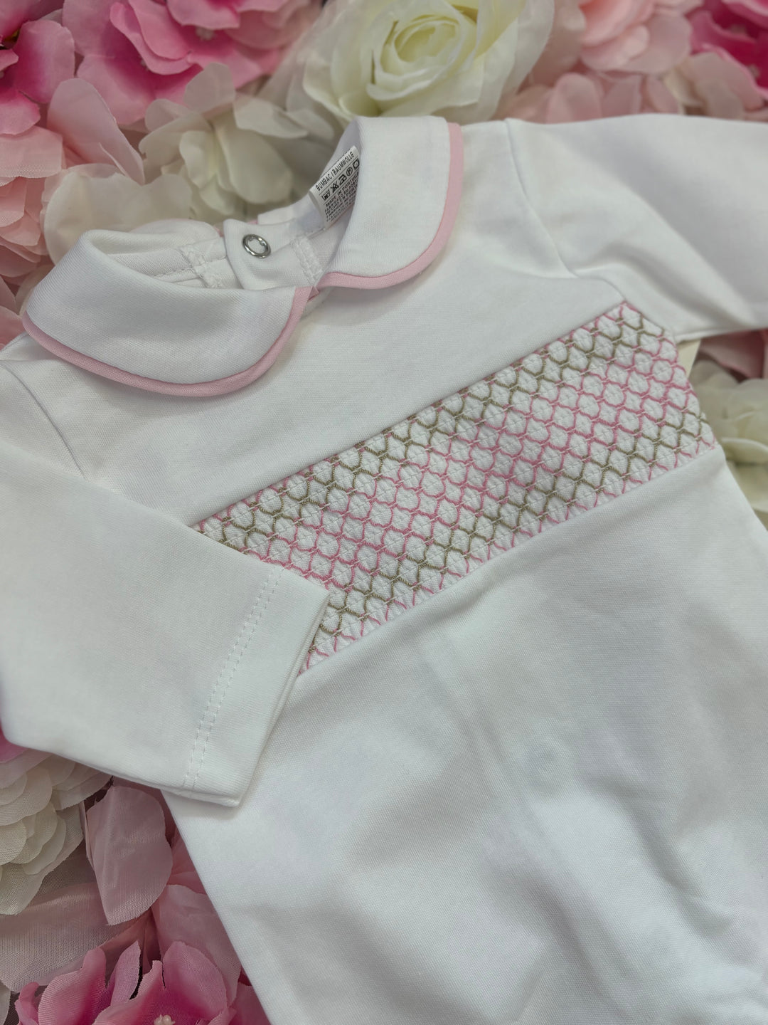 White & Pink Smocked Babygrow