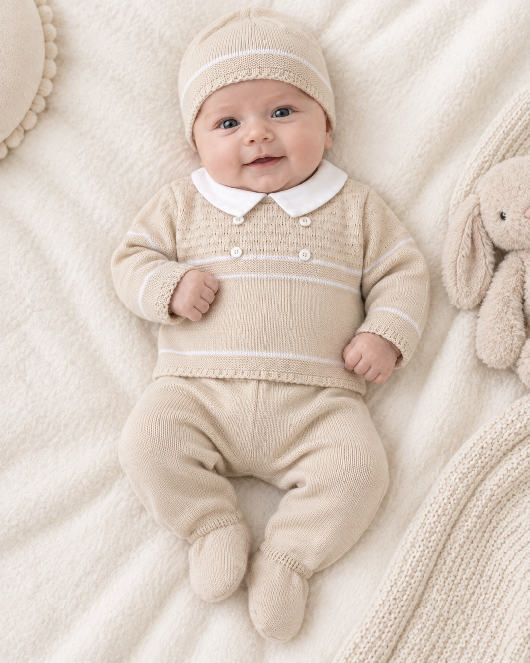 Boys Beige Knit 2 Piece & Hat