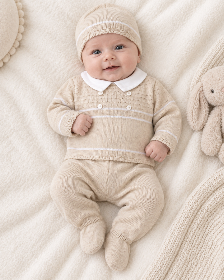 Boys Beige Knit 2 Piece & Hat