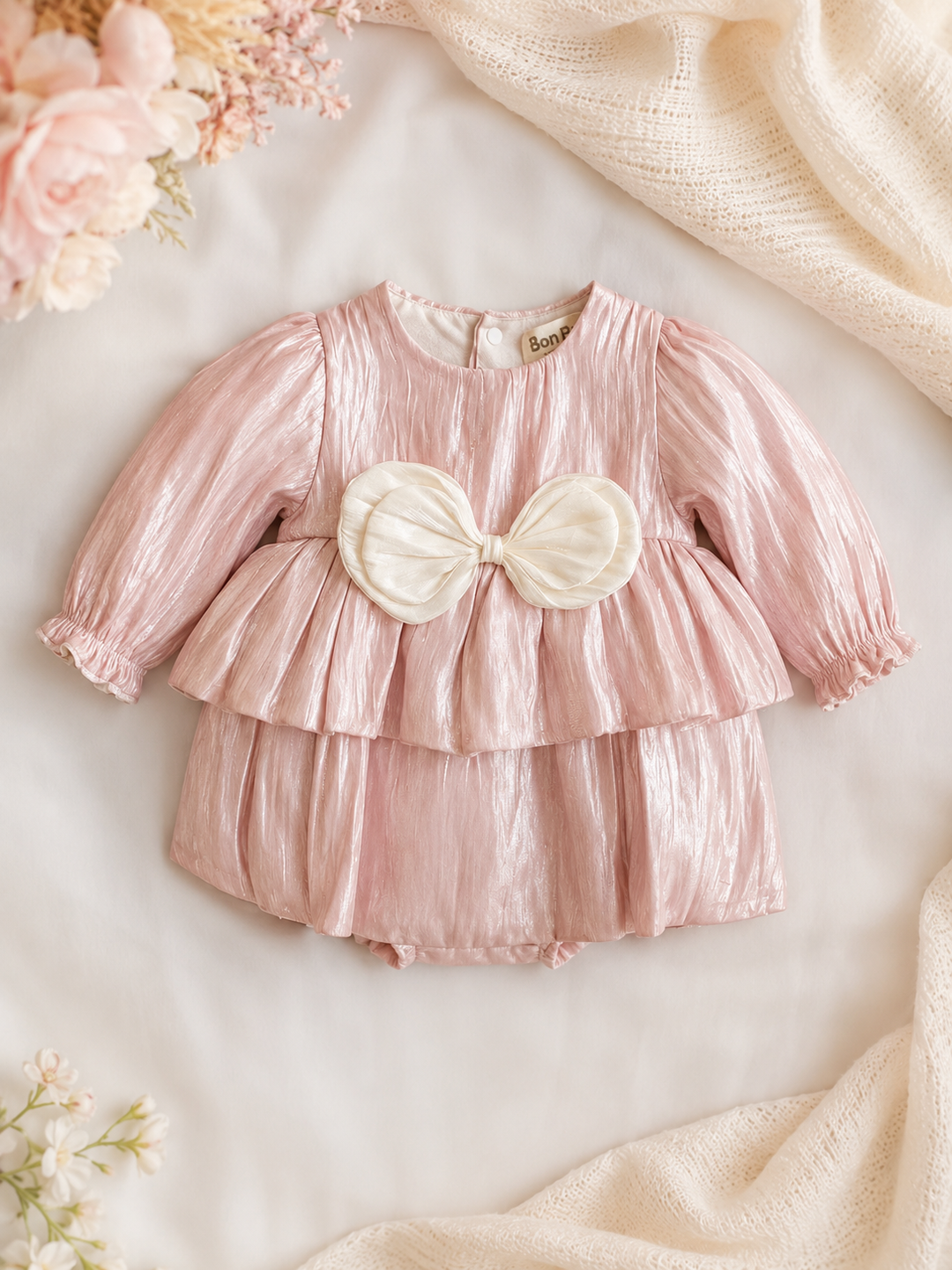 Blush Pink Shimmer Bow Romper Dress