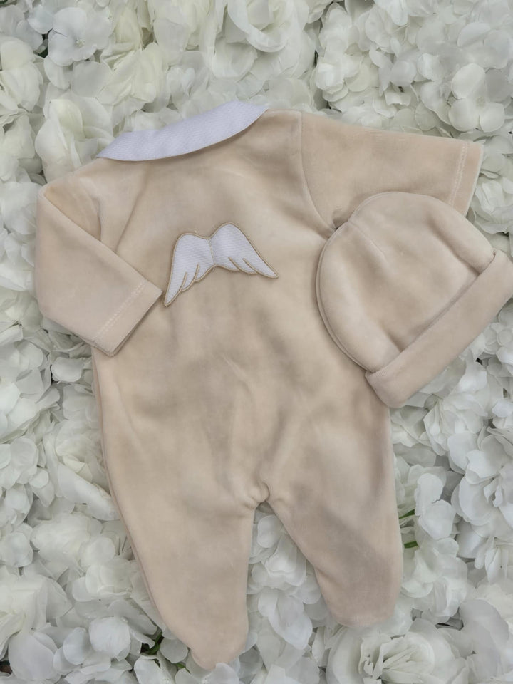 Beige Angel Velour Babygrow & Hat