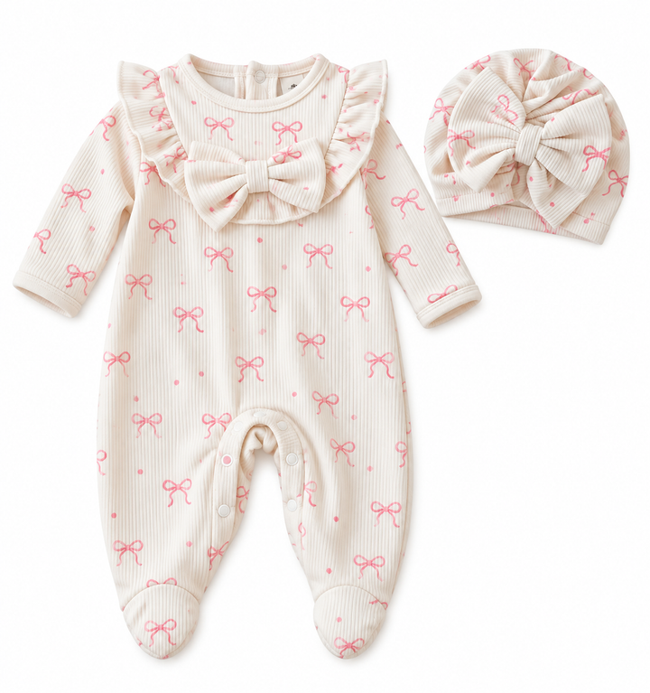 Pink Bow Babygrow & Turban Bow Hat