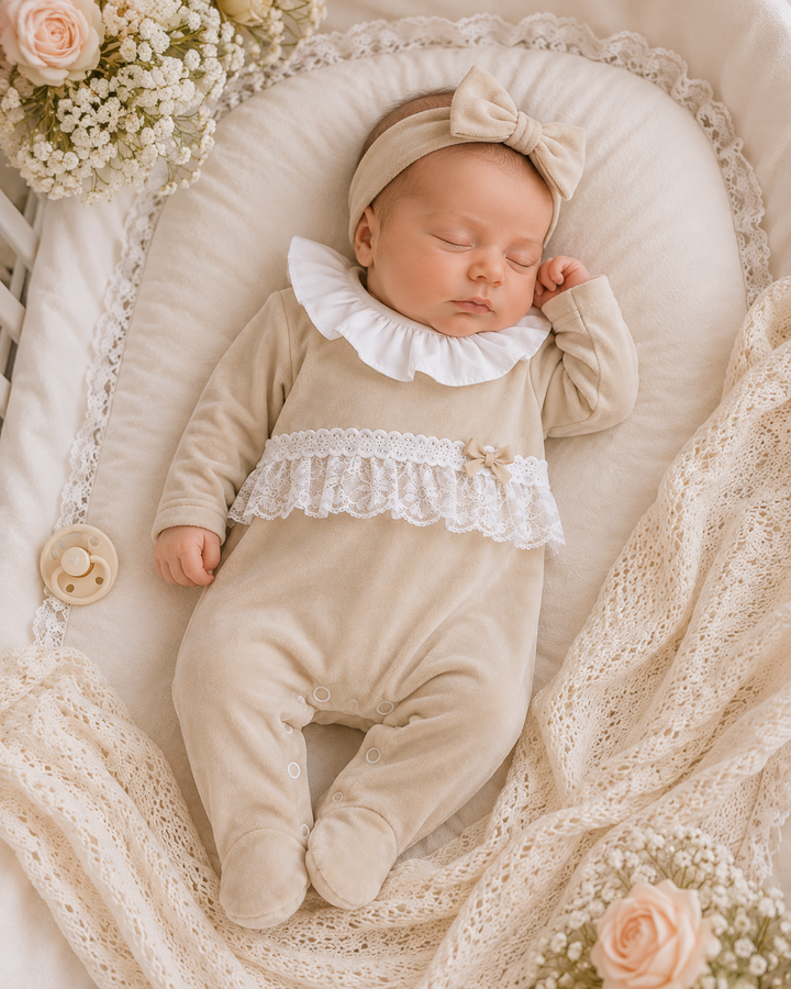 Beige Velour Lace Frill Babygrow