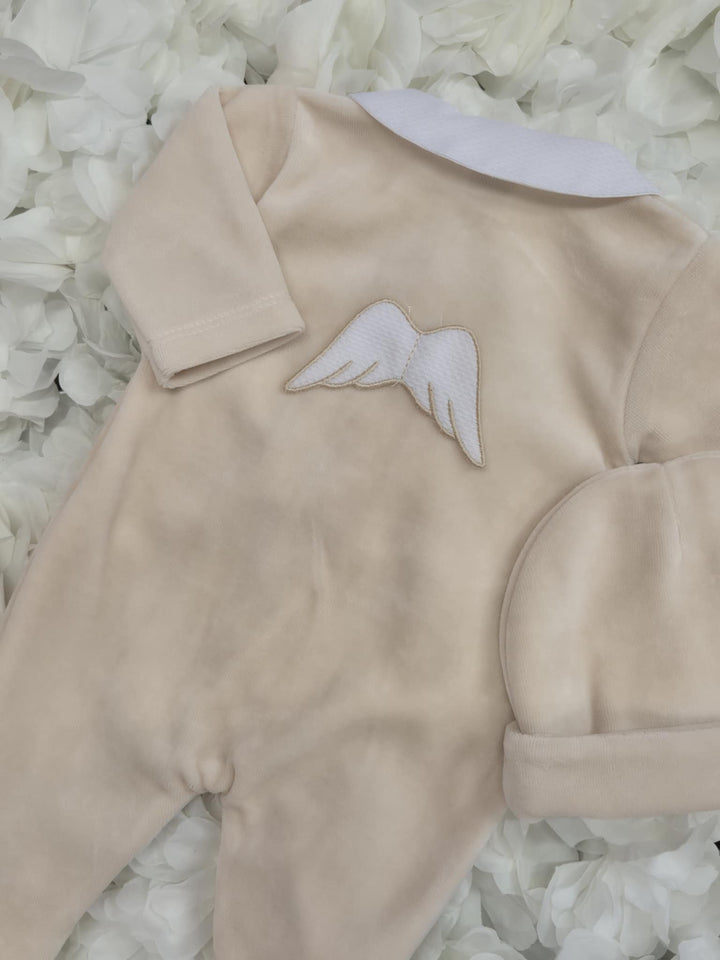 Beige Angel Velour Babygrow & Hat