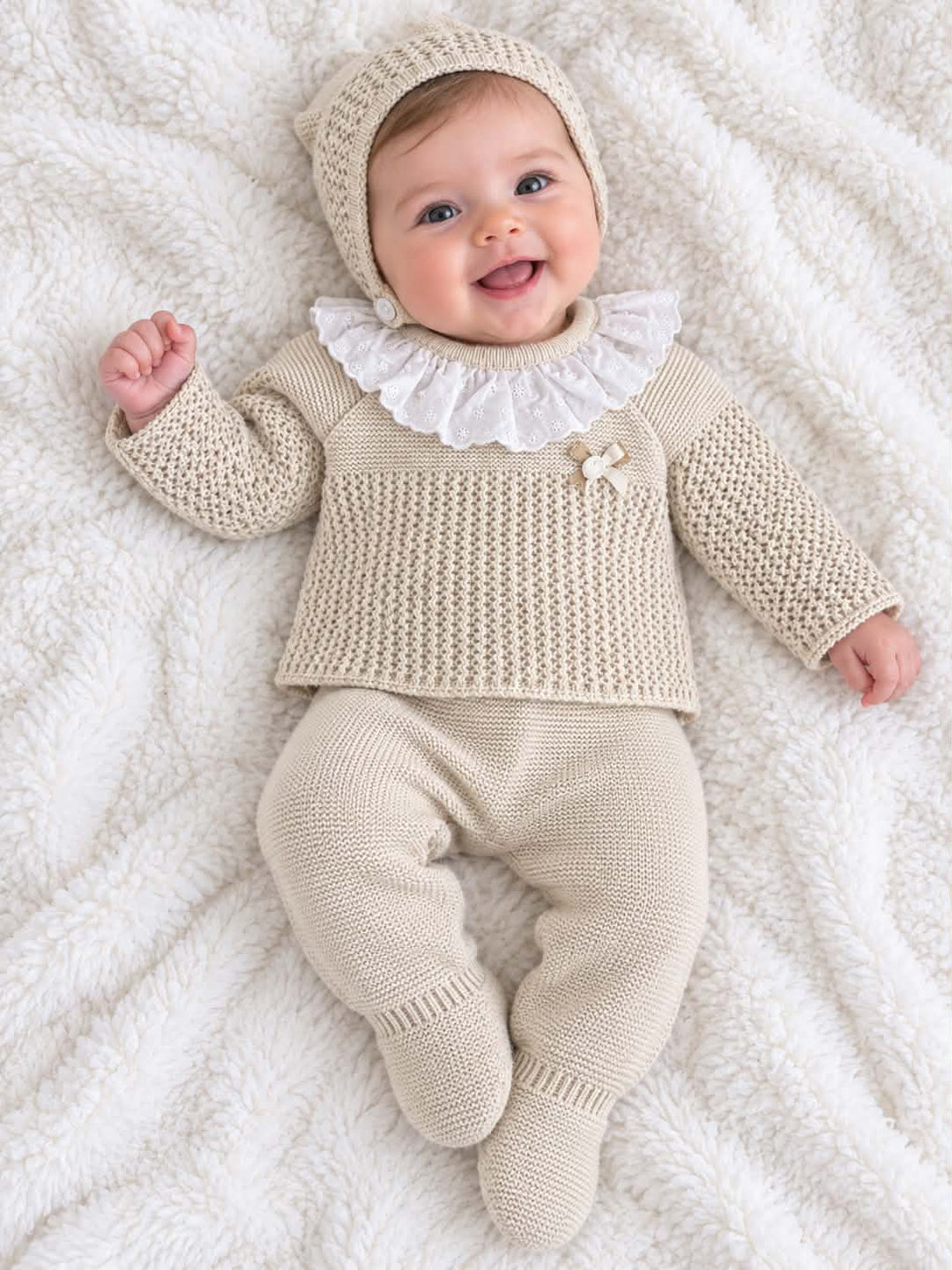 Beige Lace 2 piece Knit Set & Bonnet