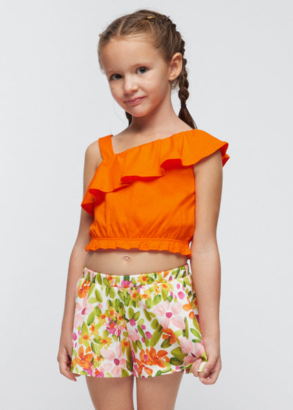 Mayoral Orange Floral Asymmetric Top & Short Set