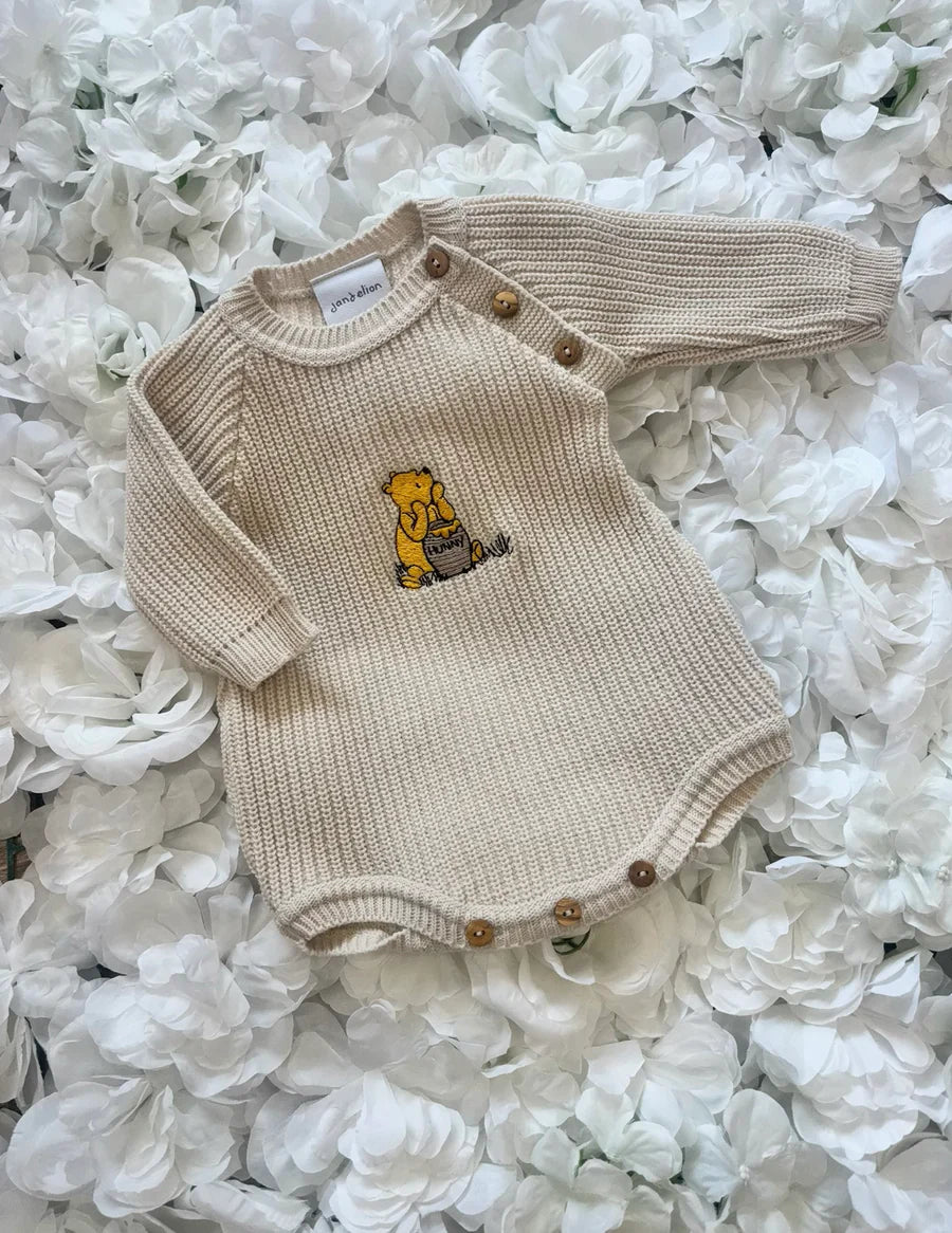 Beige Embroidered Romper And Hat