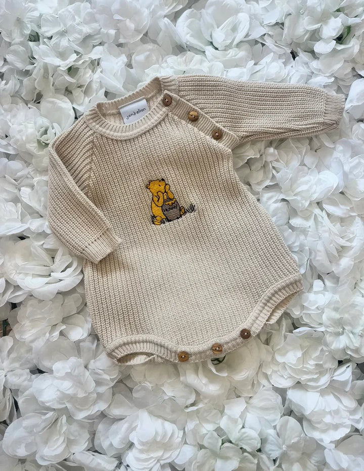 Beige Embroidered Romper And Hat