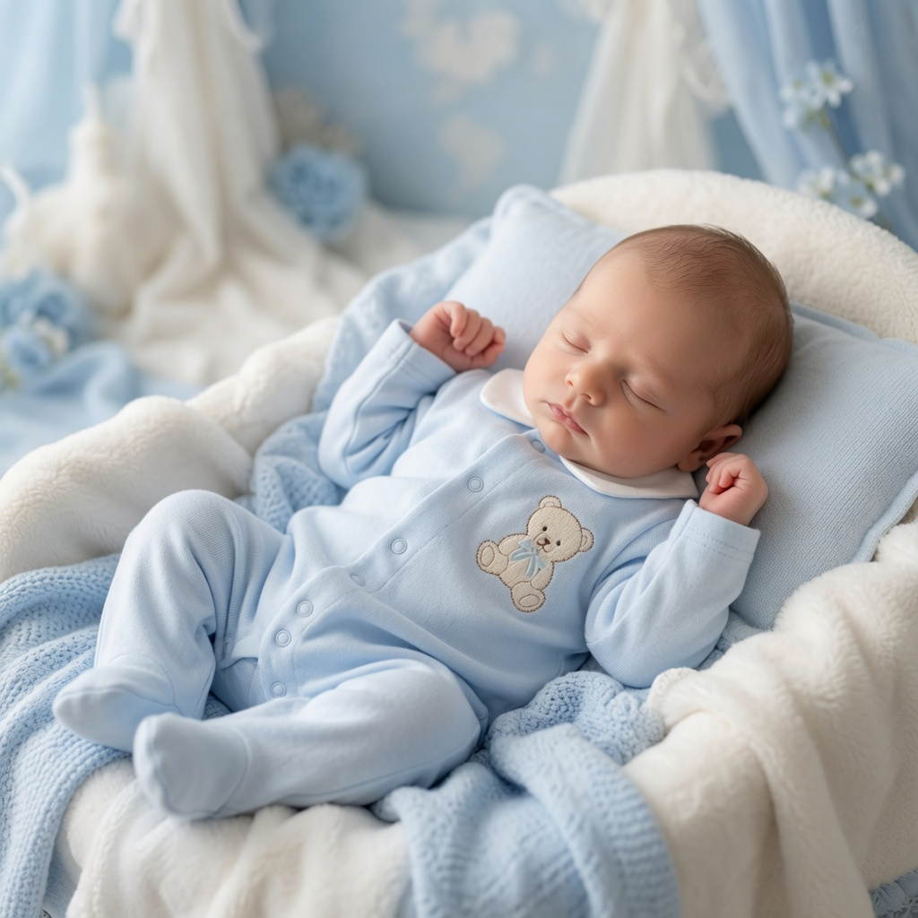 Blue Velour Teddy Embroidered Babygrow