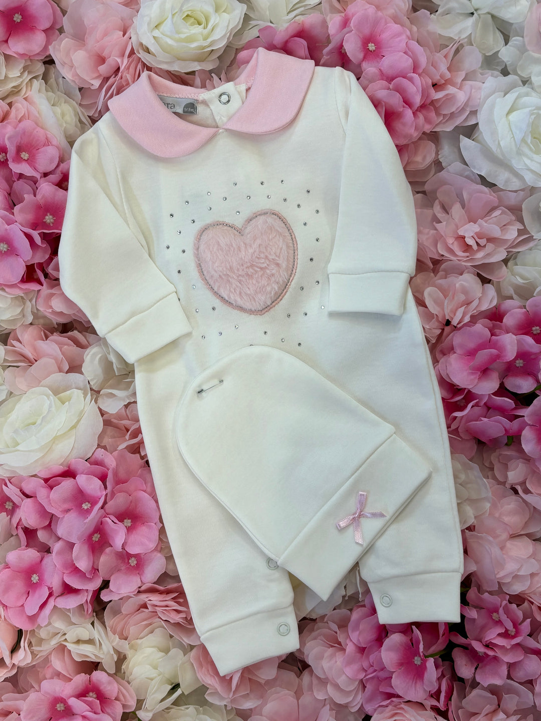 Ivory & Pink Heart Diamanté Babygrow & Hat