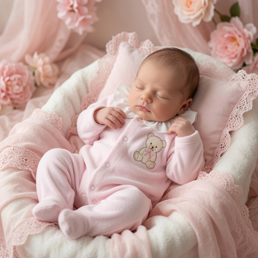 Pink Velour Teddy Embroidered Ruffle Babygrow
