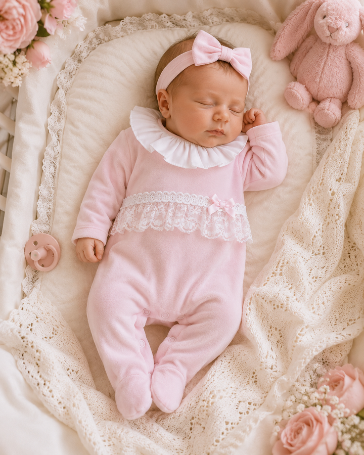 Pink Velour Lace Frill Babygrow