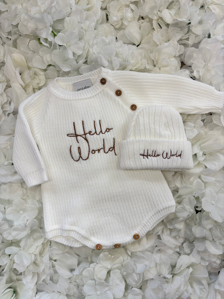 White Hello World Romper & Hat Set