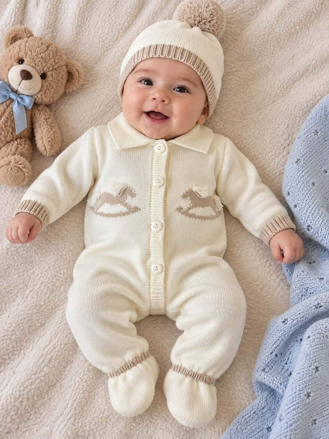 Cream / Beige Knit Rocking Horse Babygrow & Hat