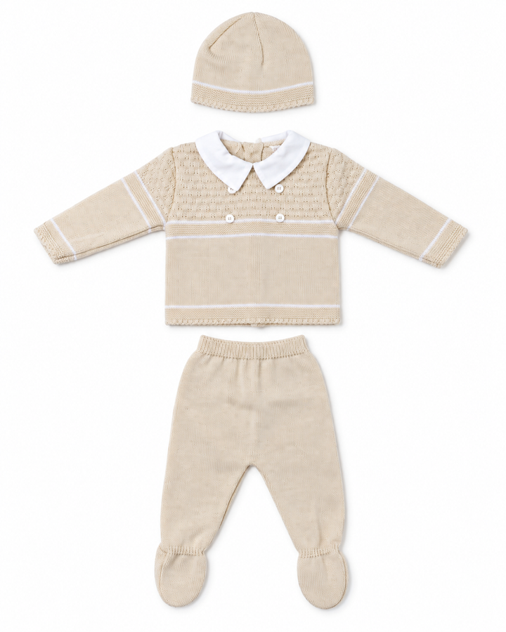 Boys Beige Knit 2 Piece & Hat