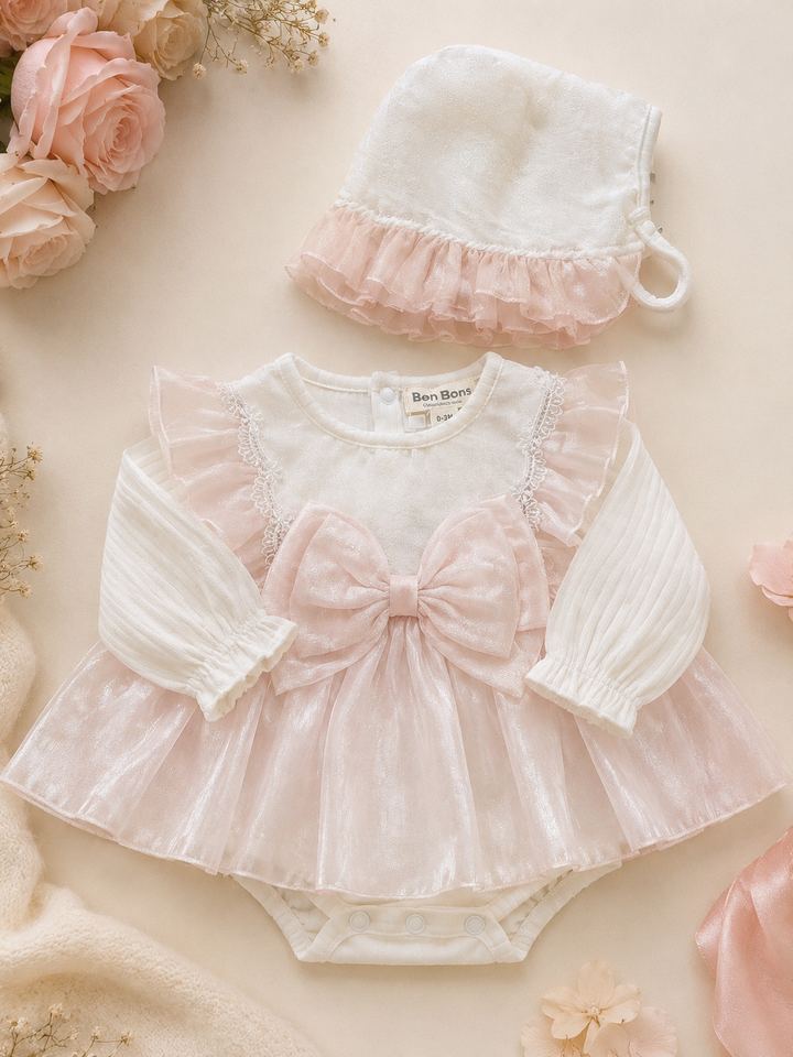White & Pink Bow Dress & Bonnett