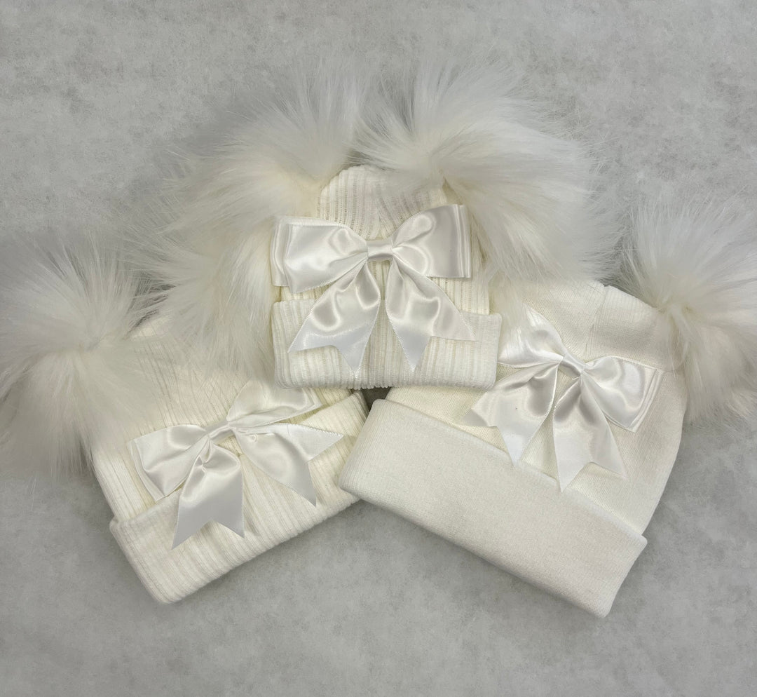 White & White Bow Double Pom Hat