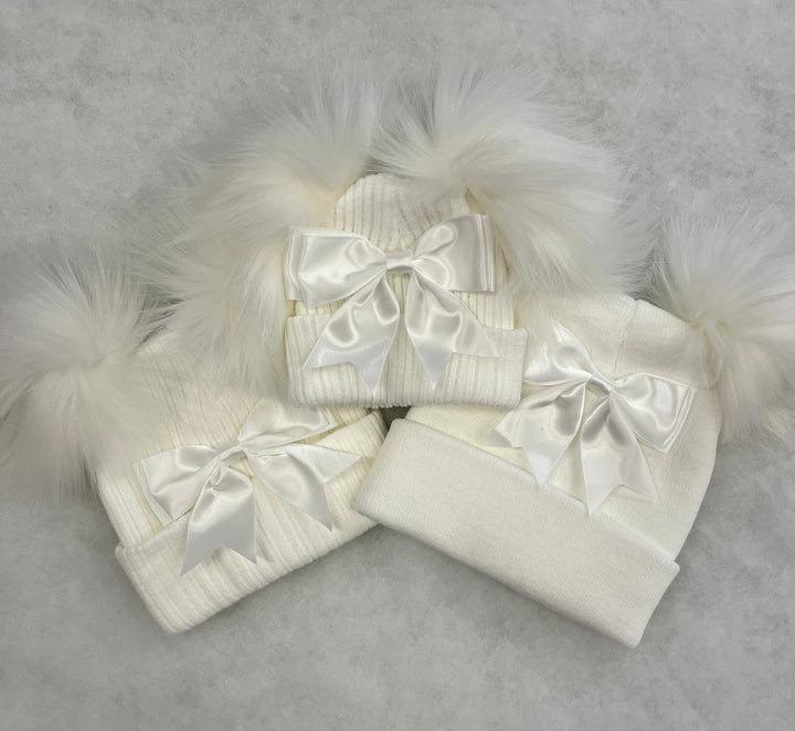 White & White Bow Double Pom Hat