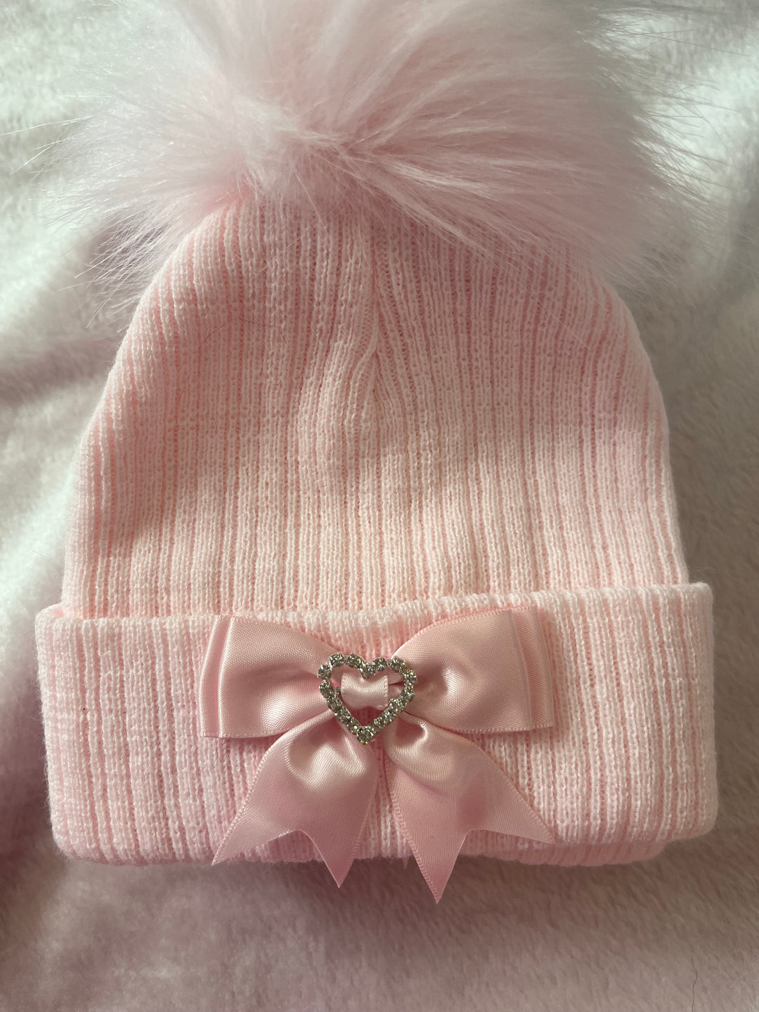 Pink Pom Hat Heart Bow Diamanté