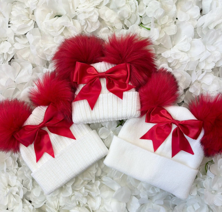 White & Red Bow Double Pom Hat