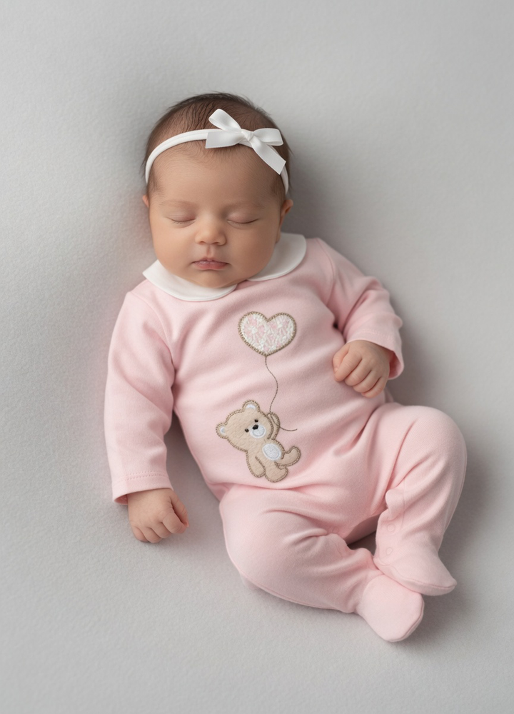 Mayoral Pink Embroidered Bear Romper