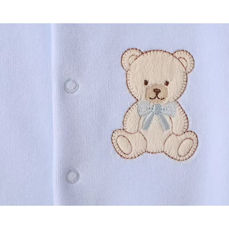 Blue Velour Teddy Embroidered Babygrow