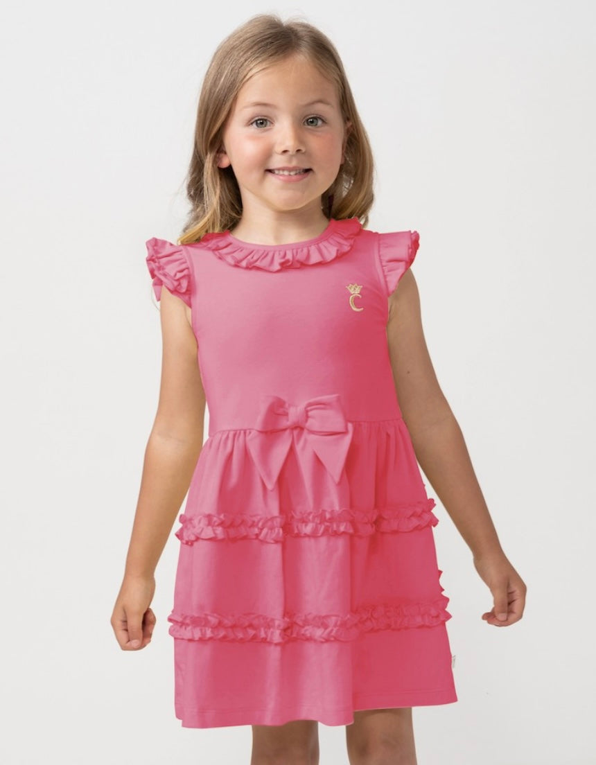 Caramelo Hot Pink Tiered Frill Dress with Bow