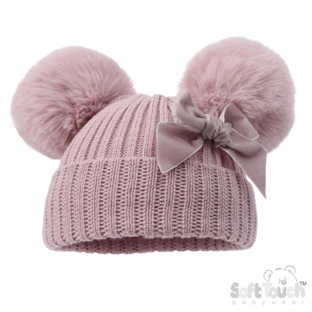 Dusty Pink Velvet Bow Pom Hat