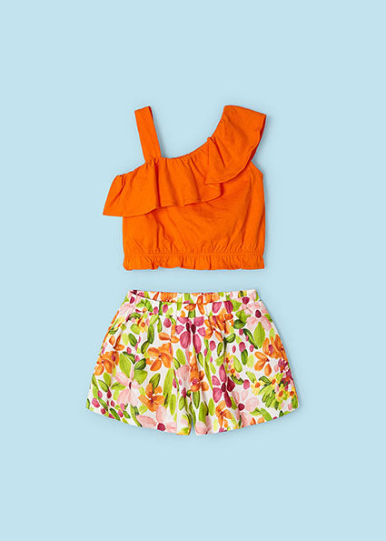 Mayoral Orange Floral Asymmetric Top & Short Set