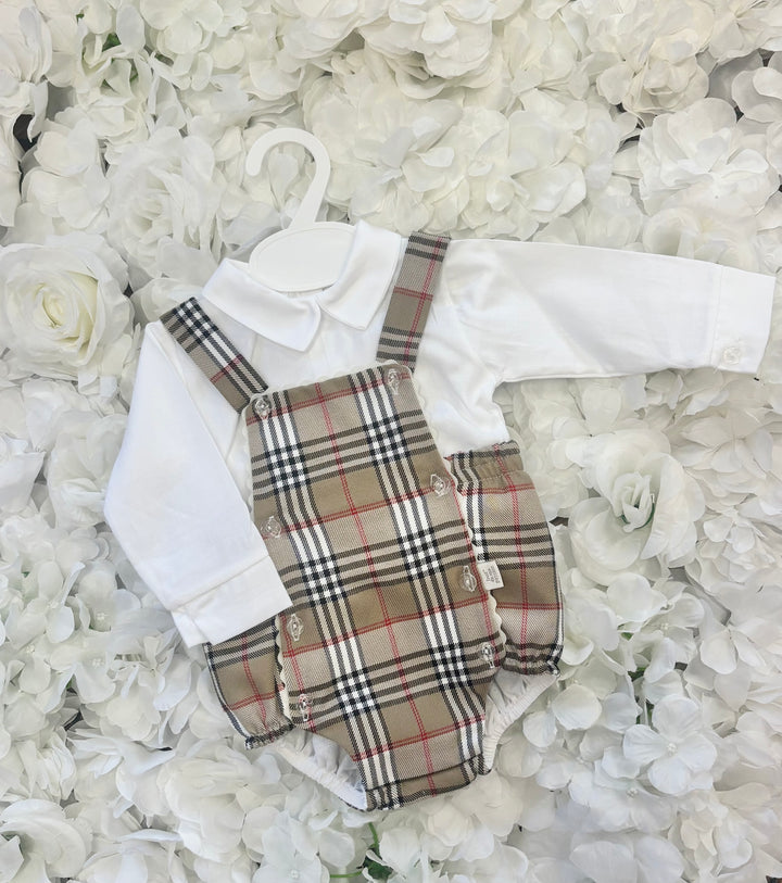 Boys Beige Tartan Romper Set