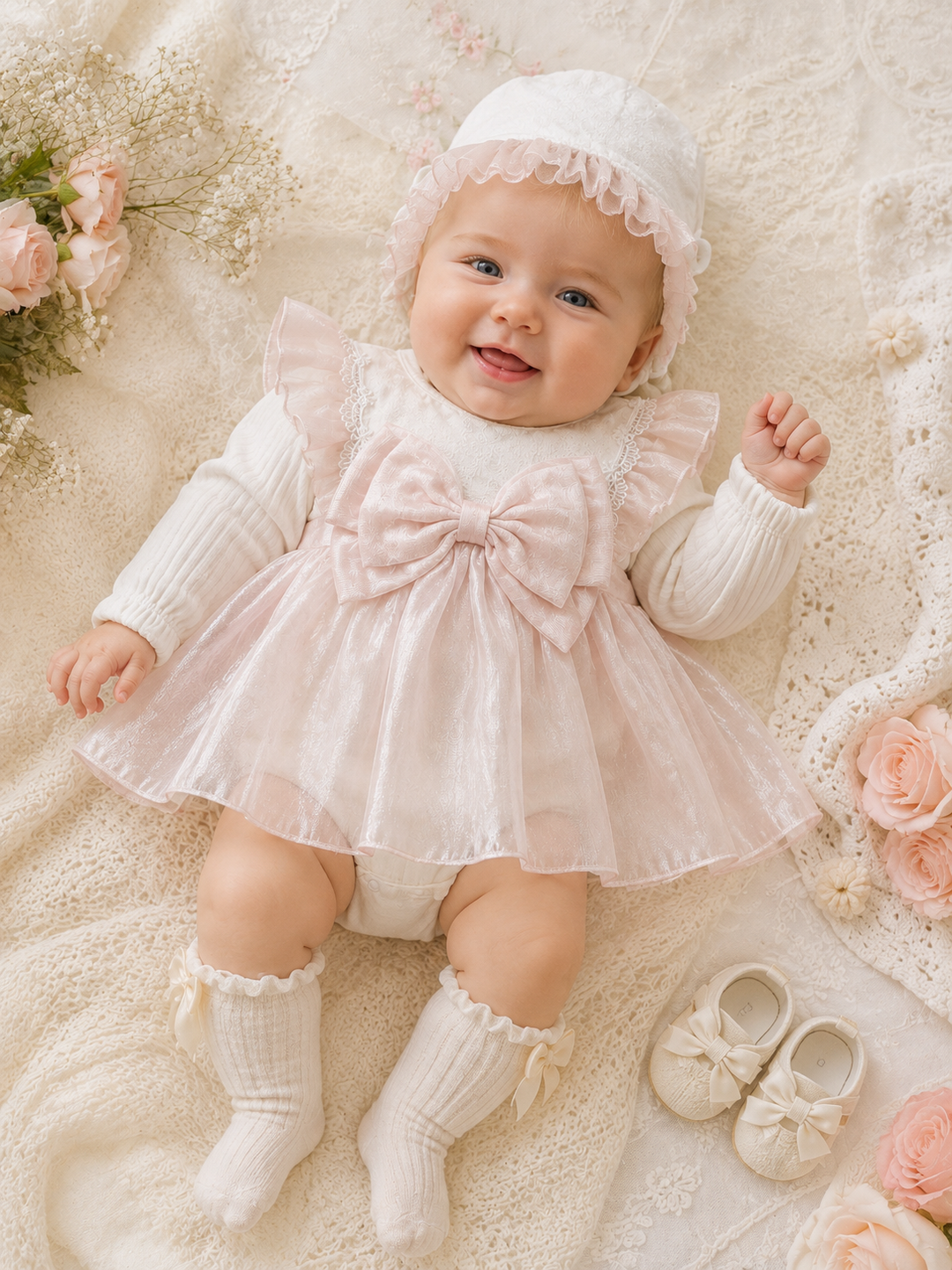 White & Pink Bow Dress & Bonnett