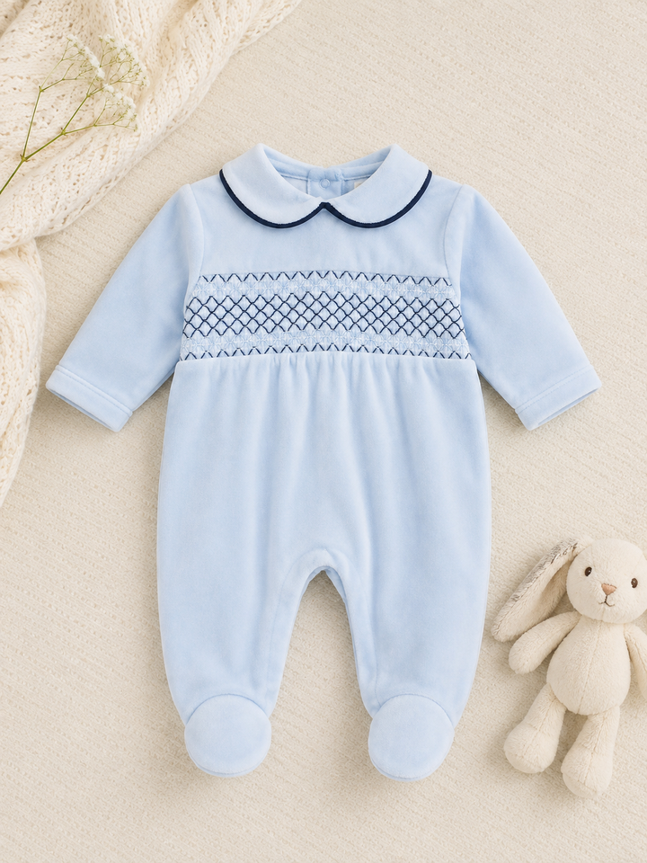 Blue & Navy Velour Smocked Babygrow