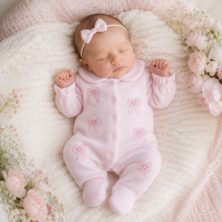 Pink Bow Embroidered Babygrow & Bib Set