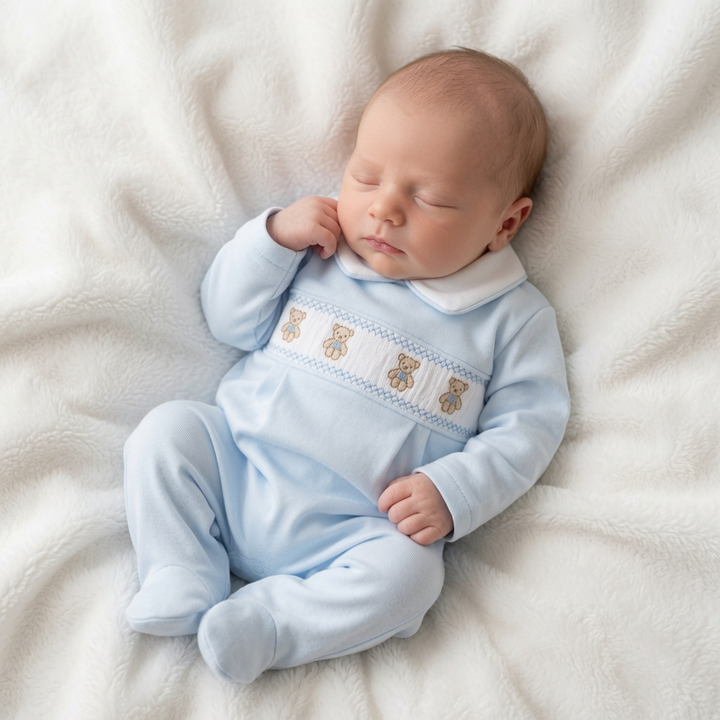 Blue Velour Smocked Teddy Bear Babygrow