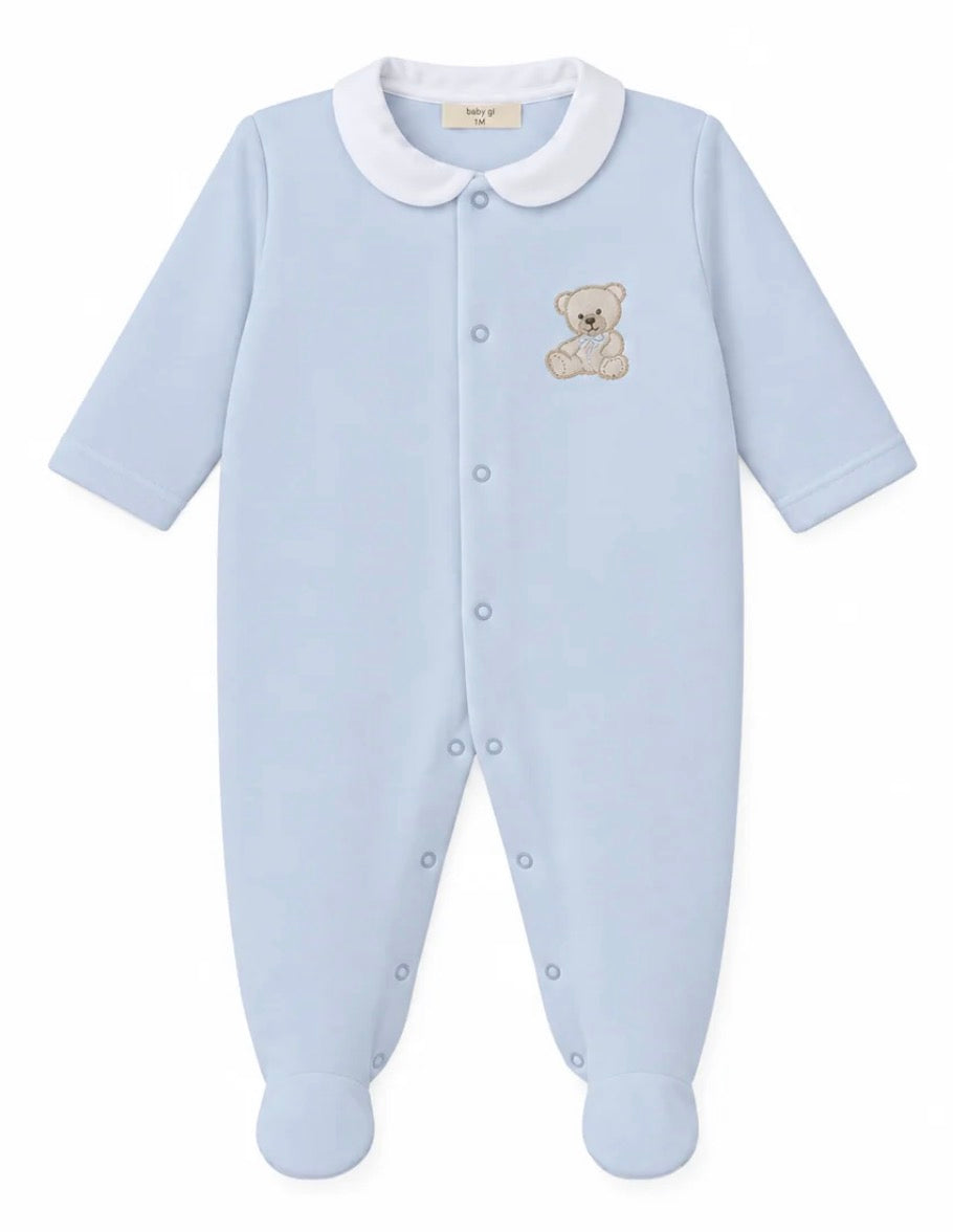 Baby Gi Blue Sweet Teddy Velour Babygrow