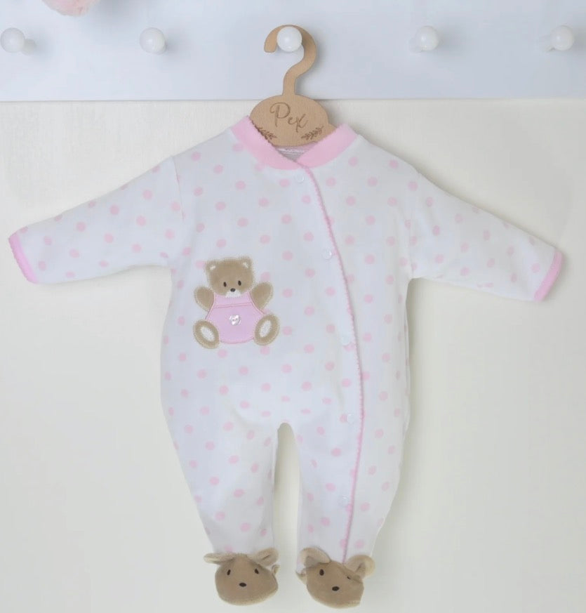 Pex Pink Velour Teddy Spot Babygrow