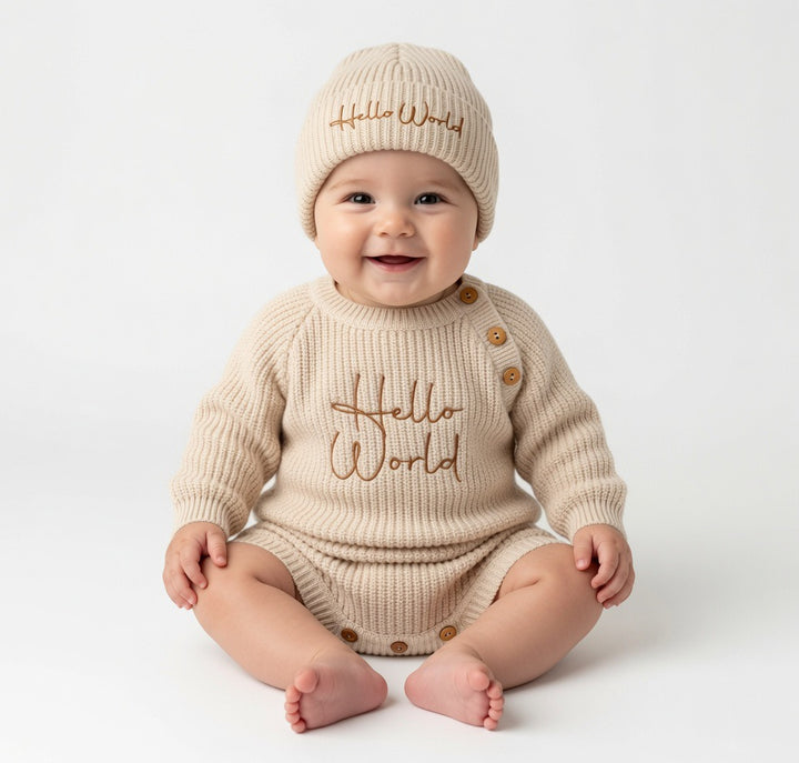 Beige Hello World Romper & Hat Set