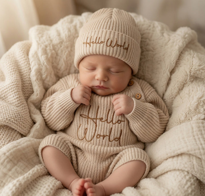 Beige Hello World Romper & Hat Set