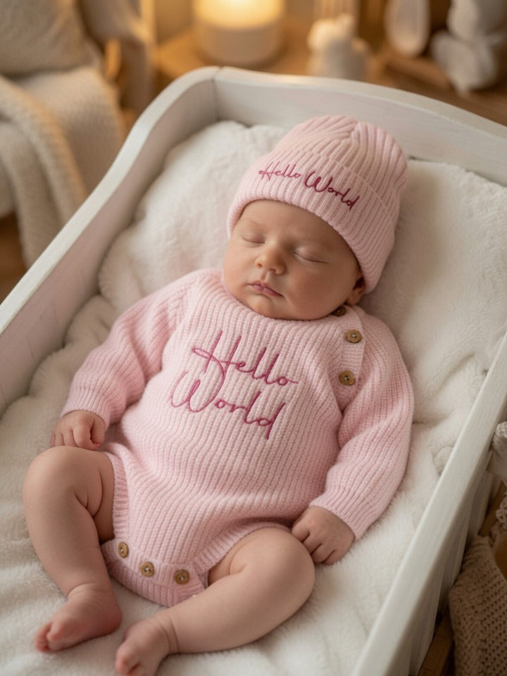 Pink Hello World Romper & Hat Set